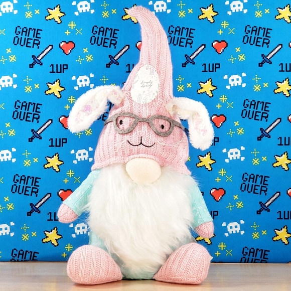 Spring Gnome Plush Wearing Pink Hat w/ Reading Glasses & White Sequin Bunny Ears - Picture 1 of 11